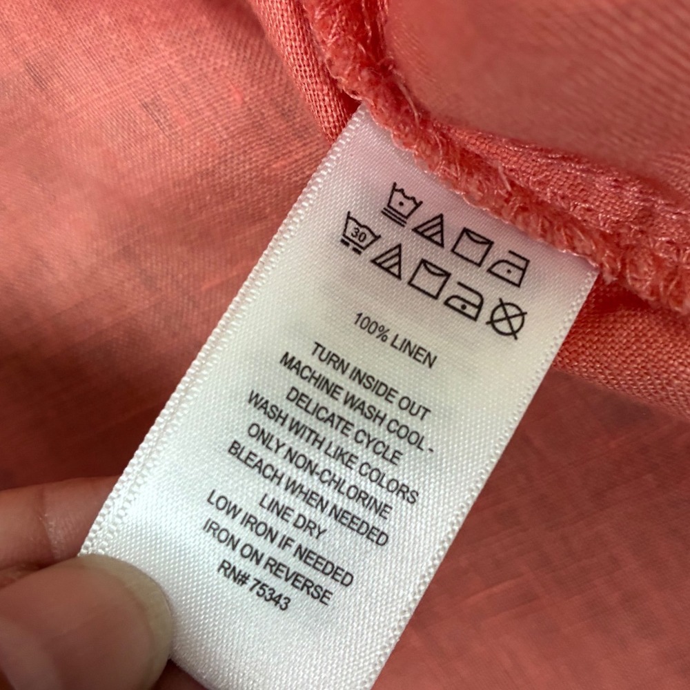 Sigrid Olsen Women Coral Pink 100% Linen Button Up Roll Tab Sleeve Shirt Size L - Picture 6 of 7